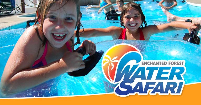 Kids playing in a pool with the water safari logo