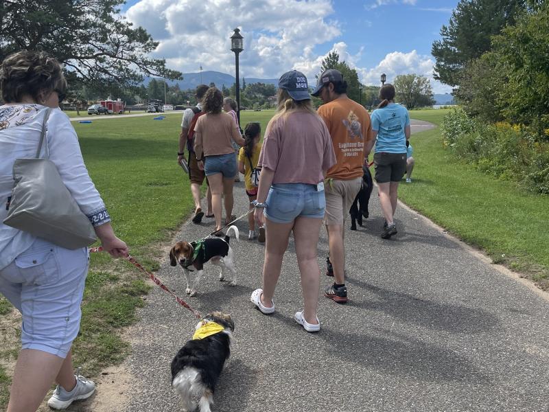 Families walking their dogs during the annual Bark in the Park event in Tupper Lake, NY