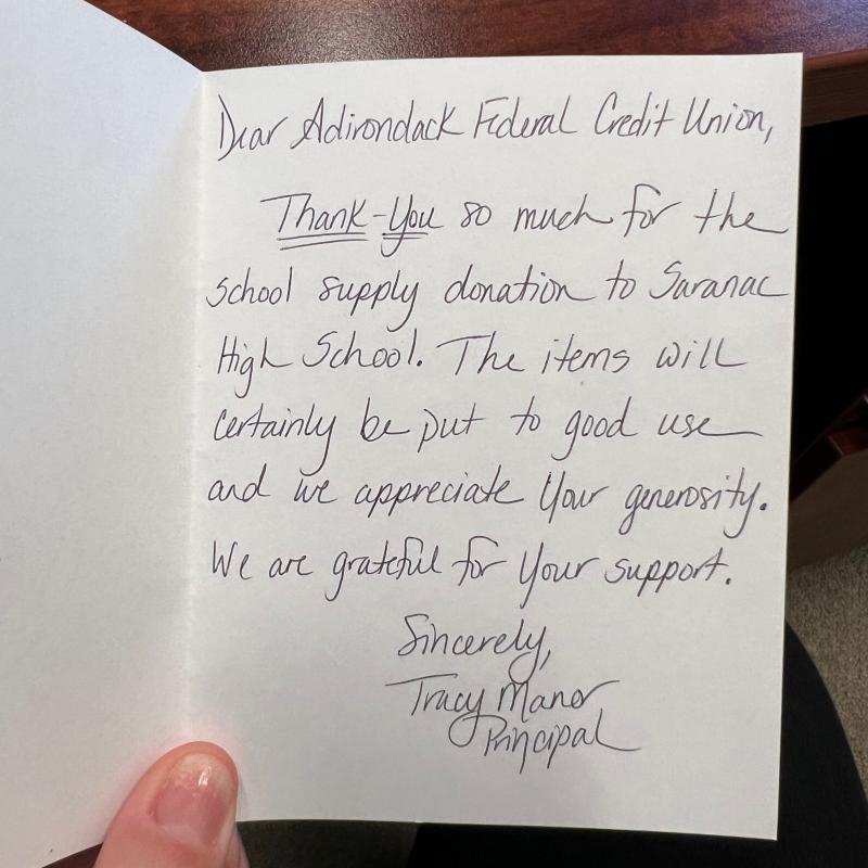 Inside of the thank you note that Saranac High School wrote to Adirondack Regional FCU thanking them for the supplies