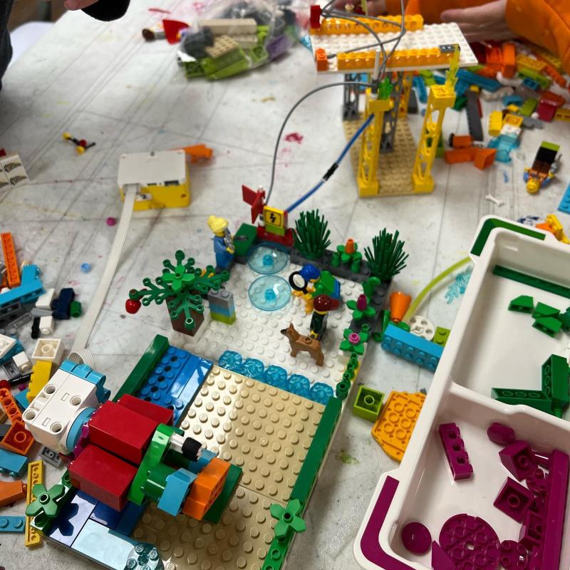 A variety of Lego blocks and structures on a table. 