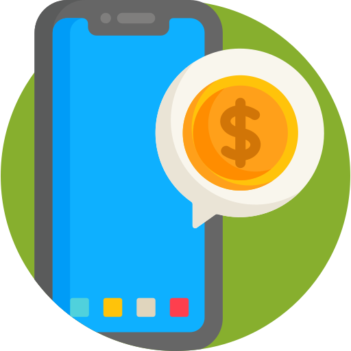 smart phone with a dollar sign bubble in front icon