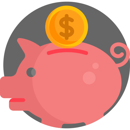 Pink piggy bank with a coin being inserted icon