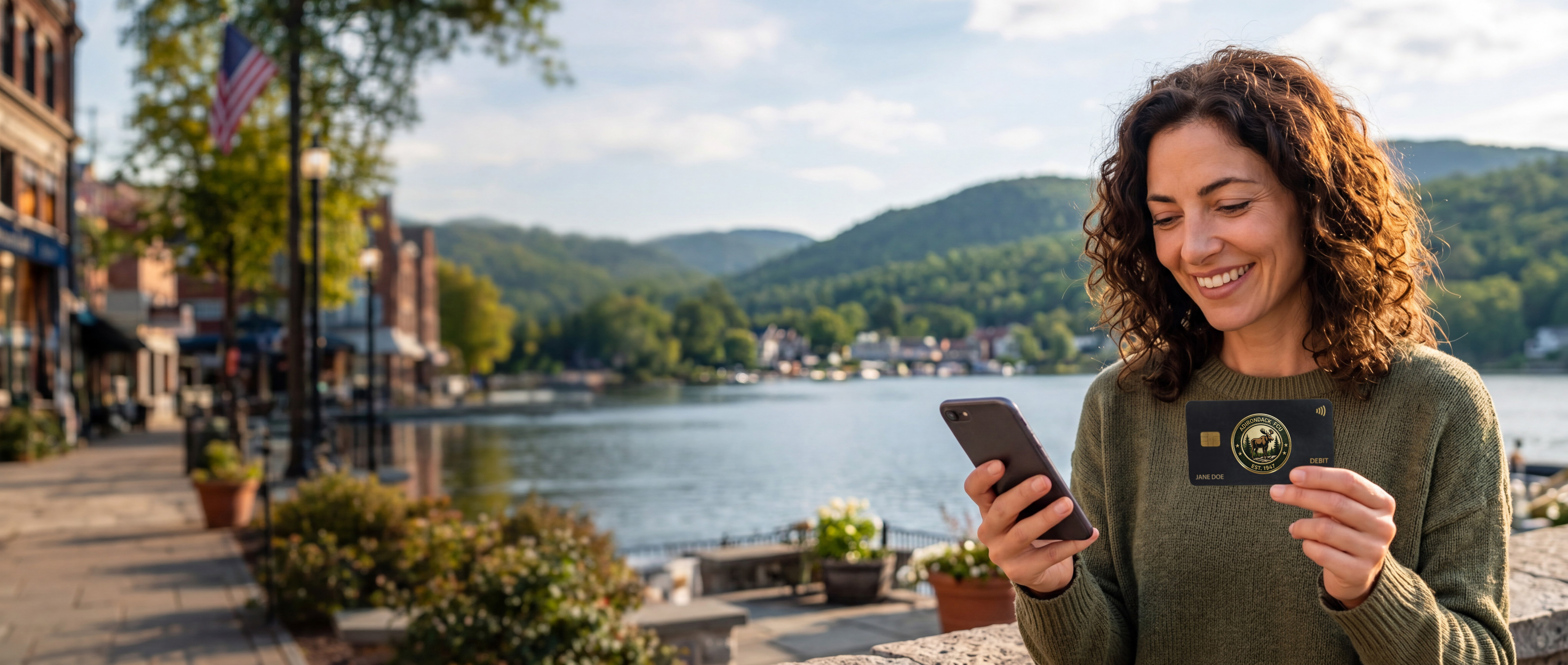 happy woman holding new debit card