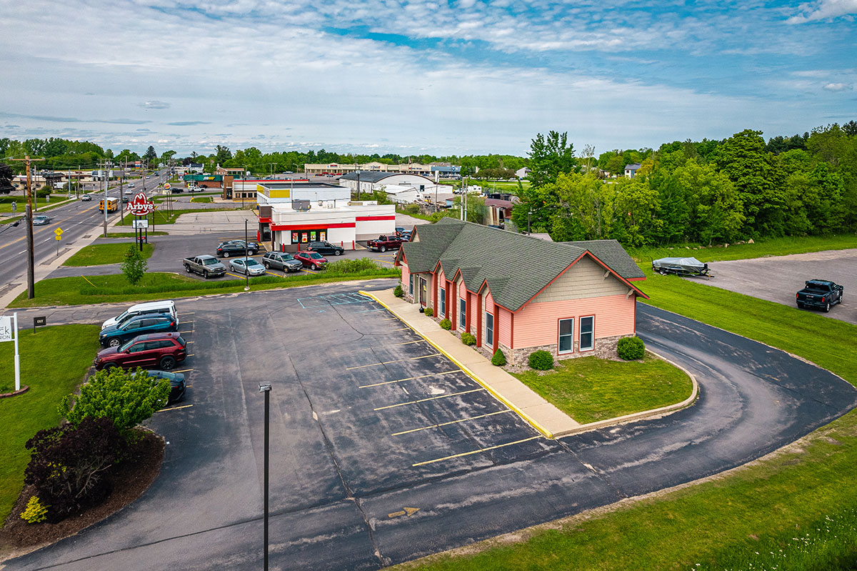 Aerial view of Potsdam Branch located next to Arby's