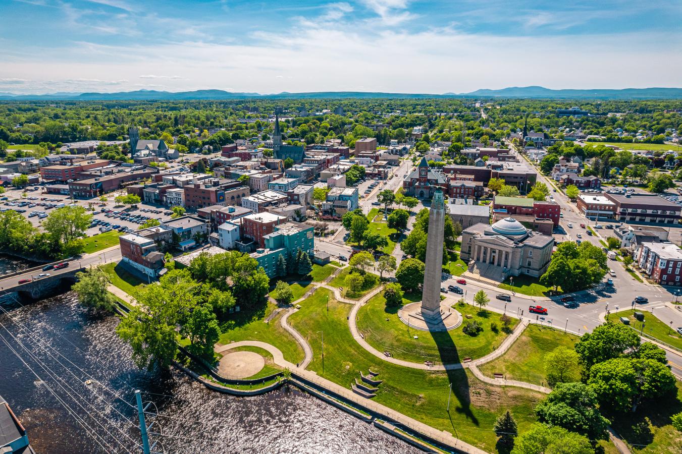 An aerial view of Plattsburgh, NY, home of one of three Adirondack Regional Federal Credit Union branches.
