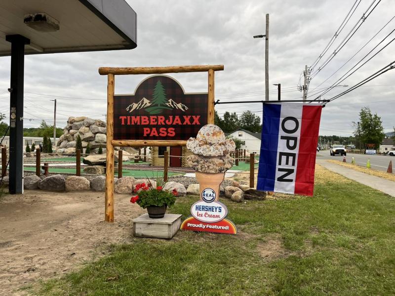 Entrance sign to Timberjaxx Pass miniature golf course, Tupper Lake, NY