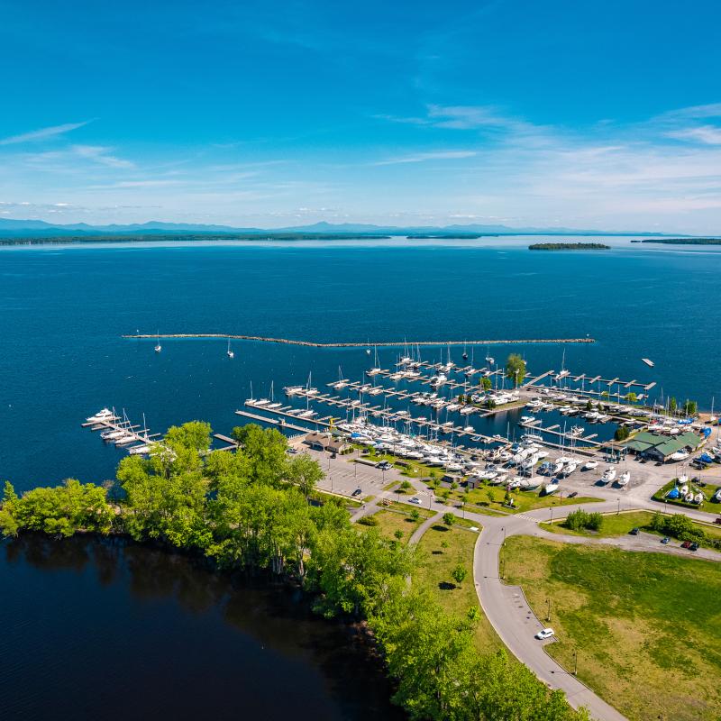 Aerial view of the Marina on Lake Champlain in Plattsburgh, NY
