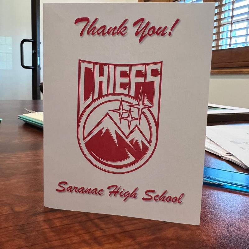 cover of the thank you note that Saranac High School wrote to Adirondack Regional FCU thanking them for the supplies