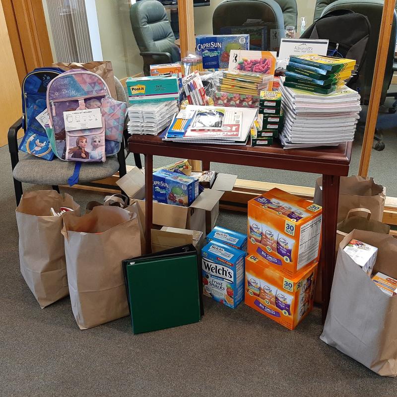 snacks and school supplies donated by local tupper lake area residents to give to kids in need