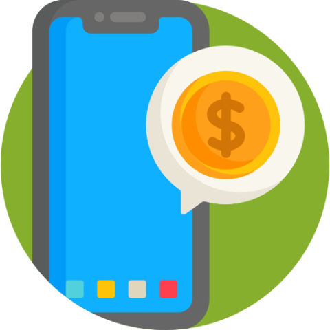 smart phone with a dollar sign bubble in front icon