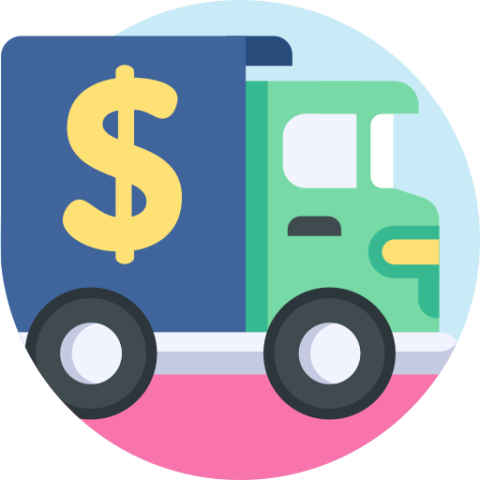 Money truck with a dollar sign on the side icon